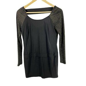 BCBGeneration Black Shift Dress‎ Sz XXS Long Metallic Gold Sleeve Open Back